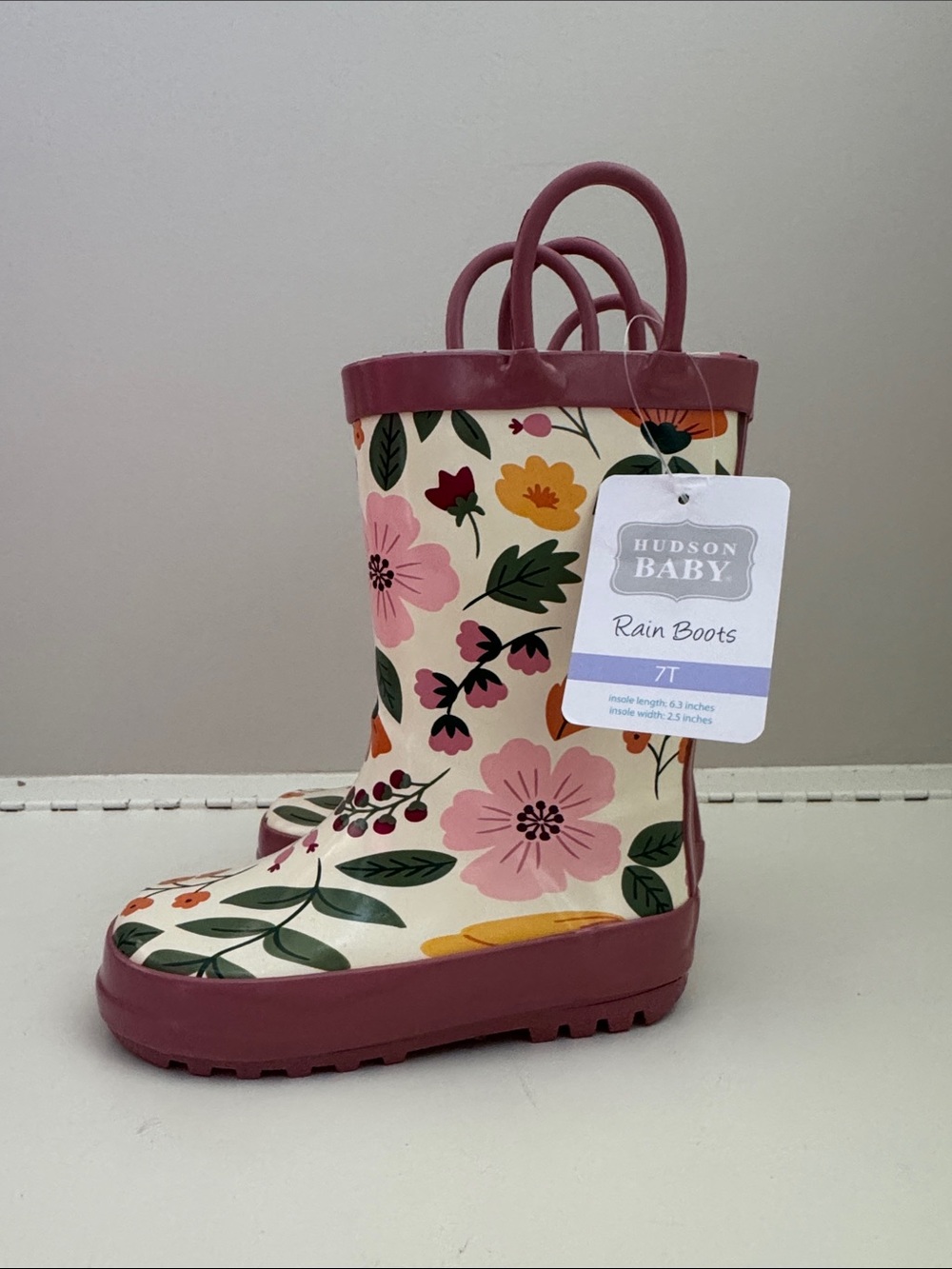 Hudson Baby Cream Floral Rain Boots with Pink Trim